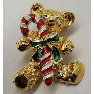Vintage gold tone Christmas BEAR w/ rhinestone eyes enamel candy cane brooch pin